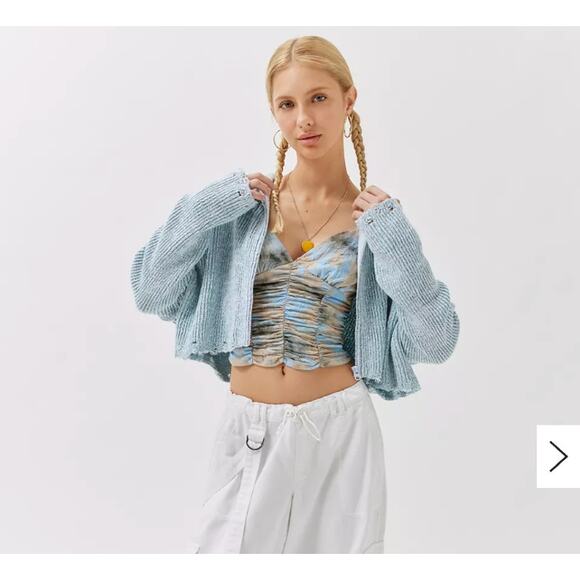 Urban Outfitters Jacket Womens Small Blue Rhode Distressed Hooded Cardigan Crop - Picture 1 of 12